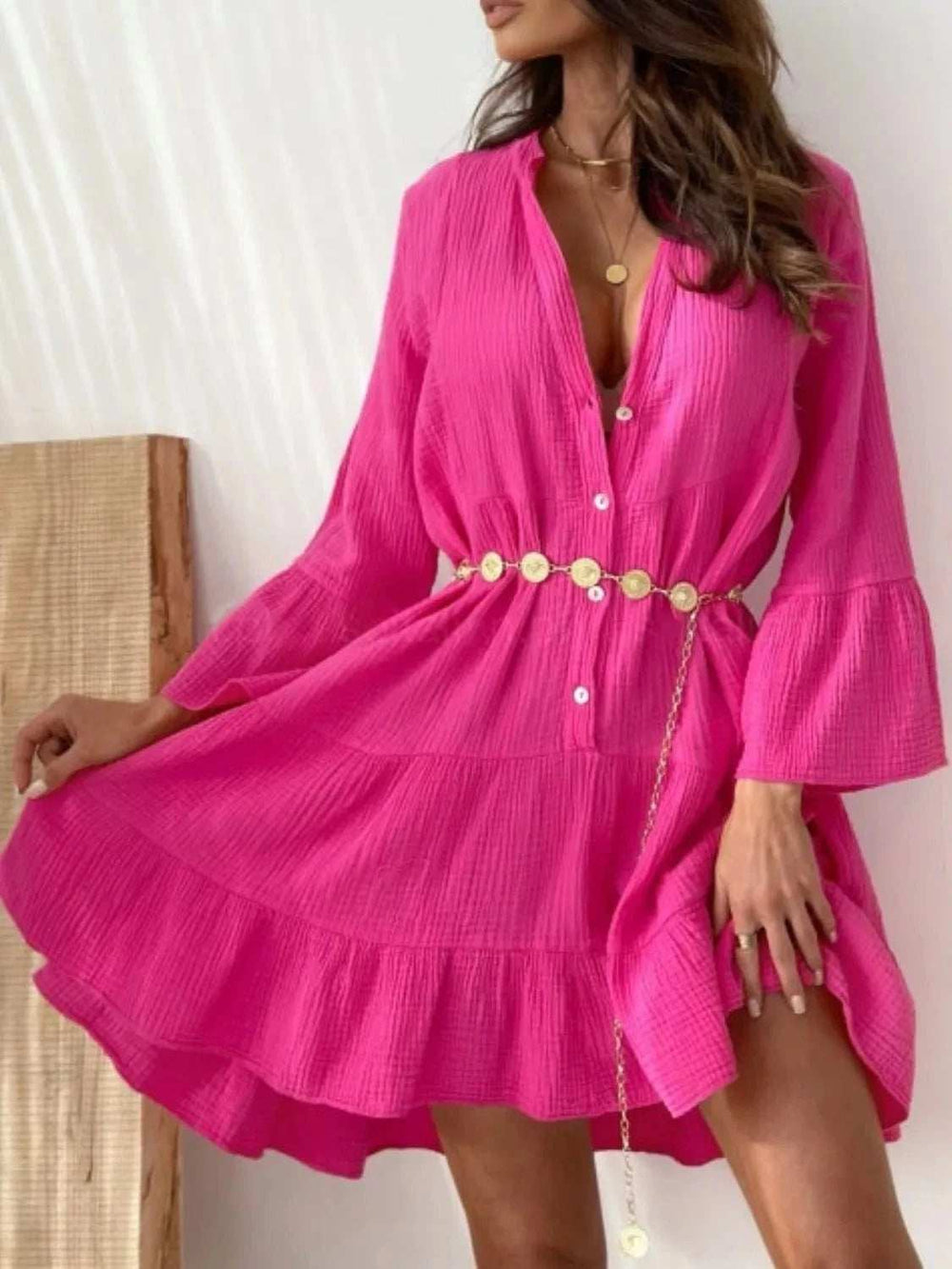 Button Detail Notched Long Sleeve Dress - Trendsi - Flyclothing LLC