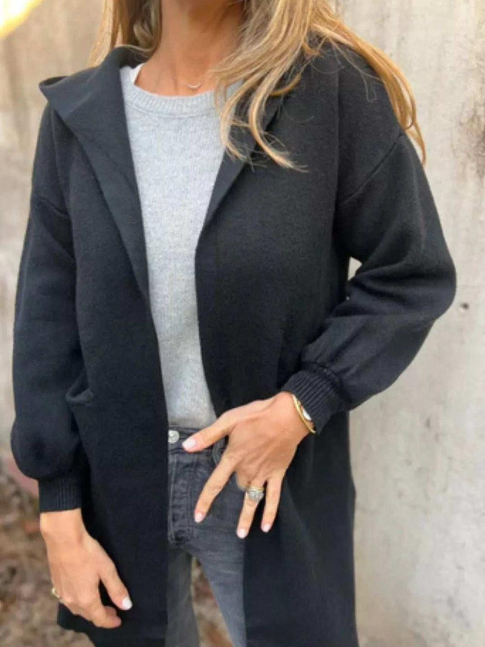 Full Size Open Front Drop Shoulder Hooded Cardigan Plus Size - Trendsi - Flyclothing LLC