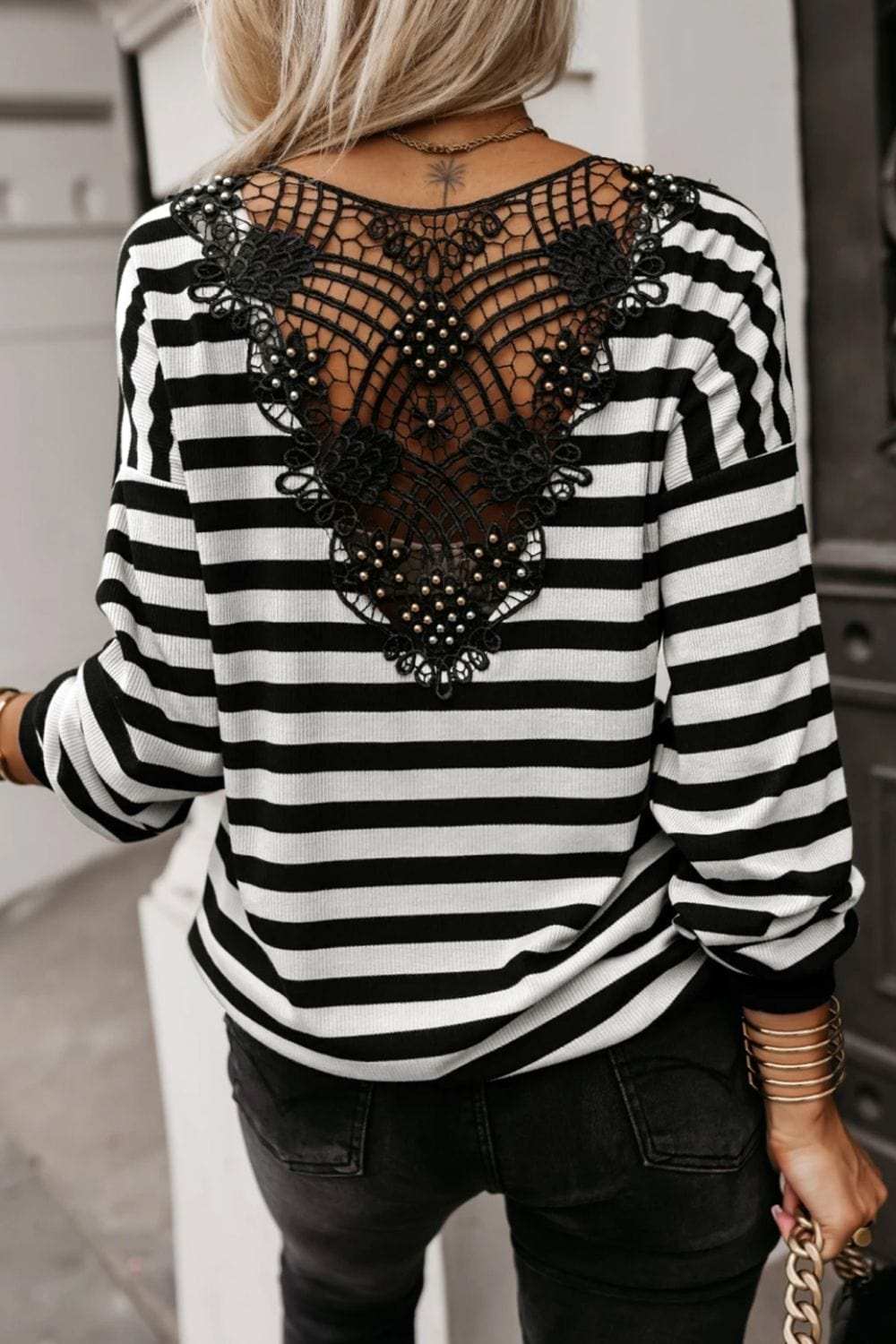 Striped Lace Detail V Neck Top - Trendsi - Flyclothing LLC