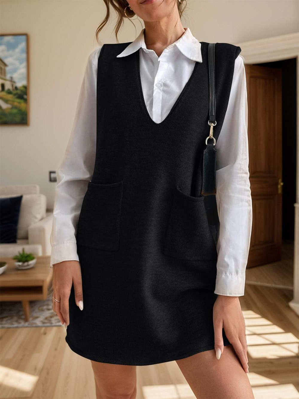 V-Neck Sleeveless Sweater Dress with Pockets - Trendsi - Flyclothing LLC