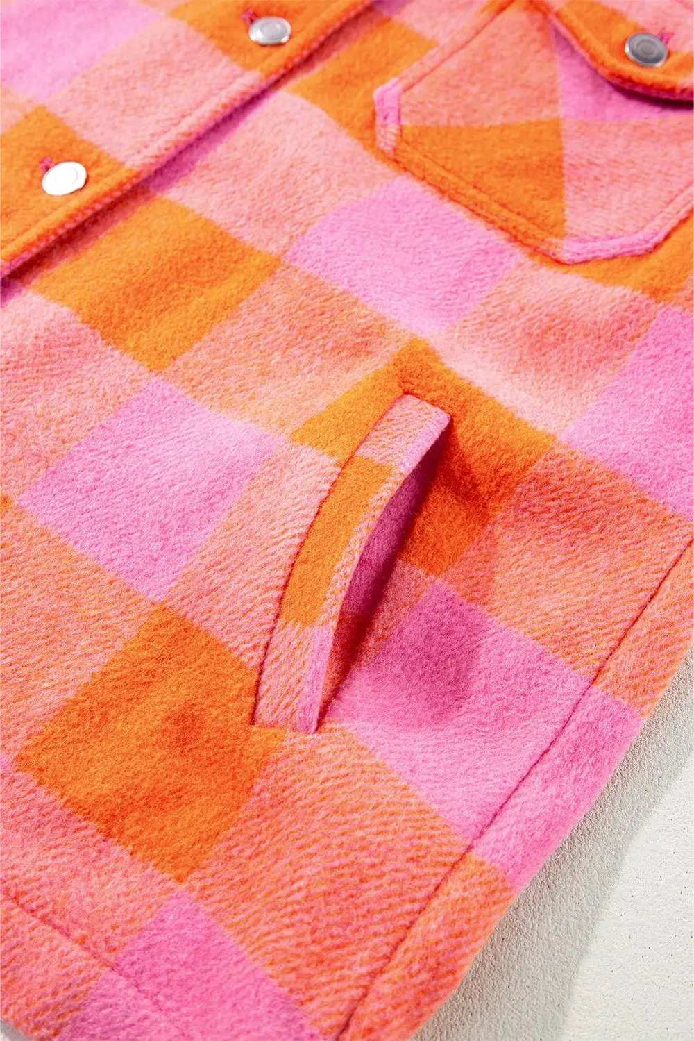 Plaid Collared Neck Button Up Jacket - Trendsi - Flyclothing LLC