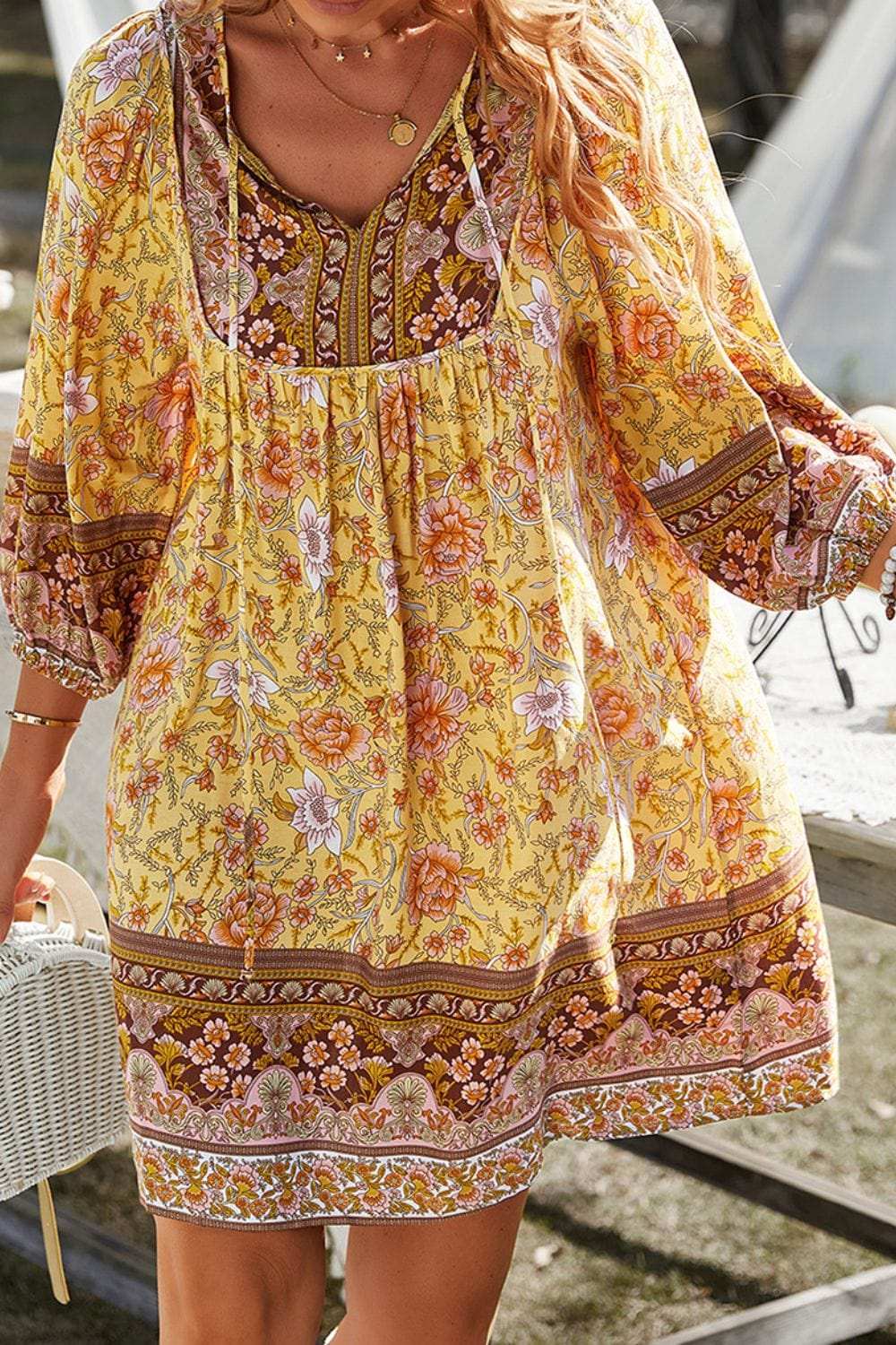 Devine Printed Tie Neck Mini Dress - Trendsi - Flyclothing LLC