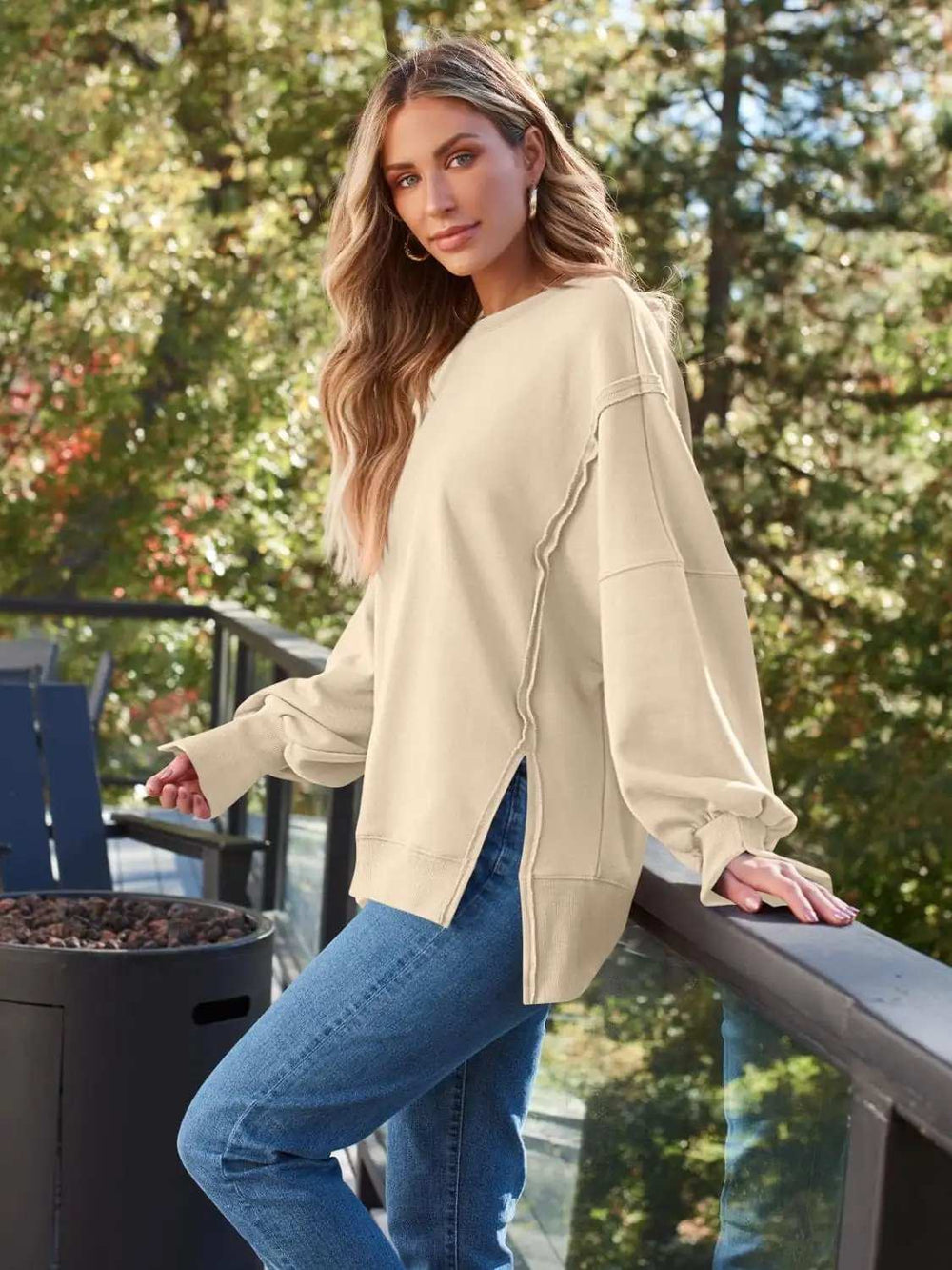 Slit Round Neck Long Sleeve Sweatshirt - Trendsi - Flyclothing LLC