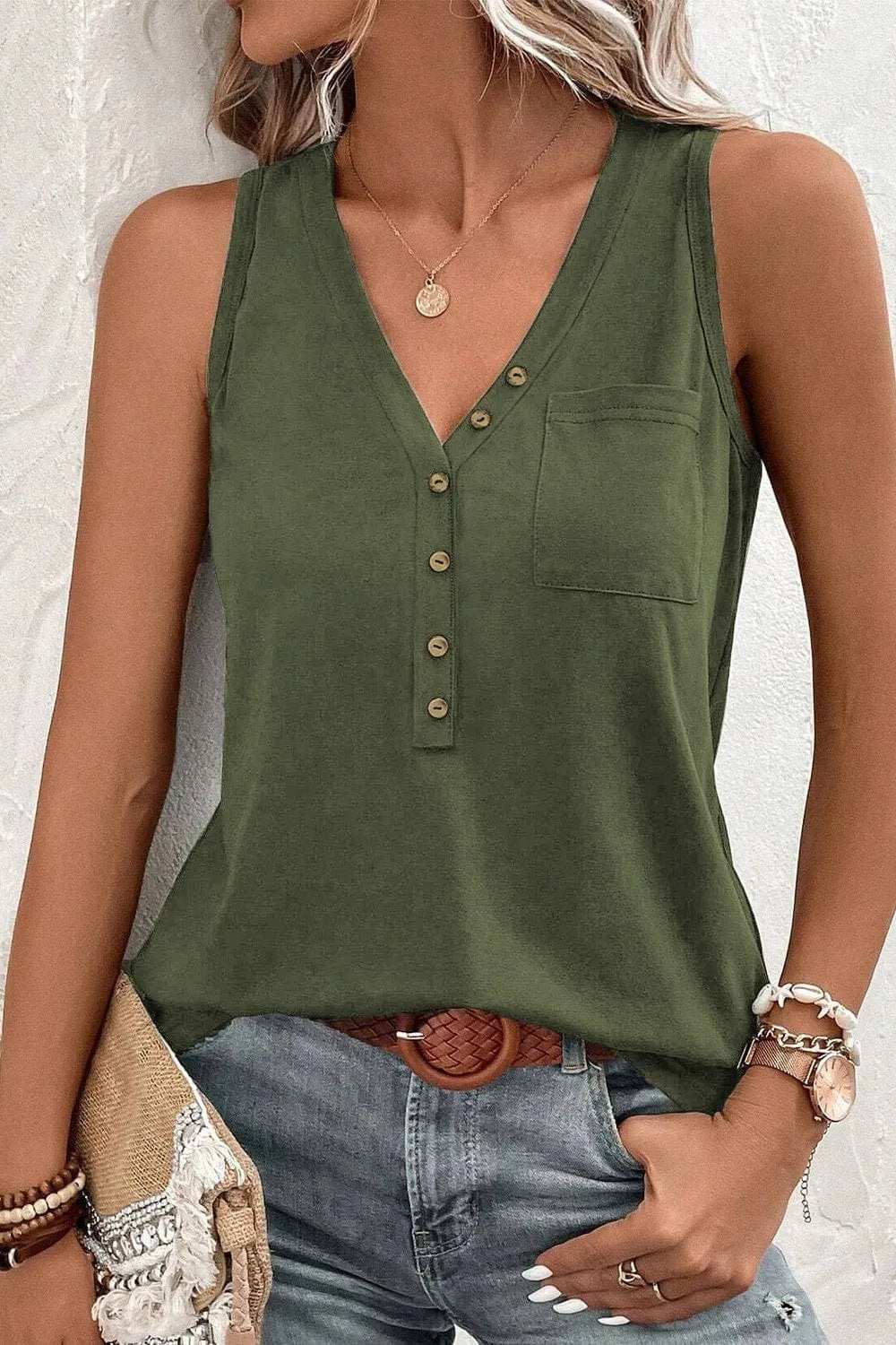 Pocketed V-Neck Wide Strap Tank - Trendsi - Flyclothing LLC