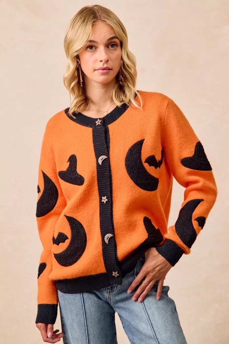 BiBi Halloween Witch Hat Moon Bat Artwork Cardigan - Trendsi - Flyclothing LLC