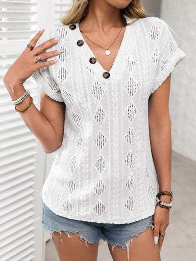 Openwork V-Neck Short Sleeve T-Shirt - Trendsi - Flyclothing LLC