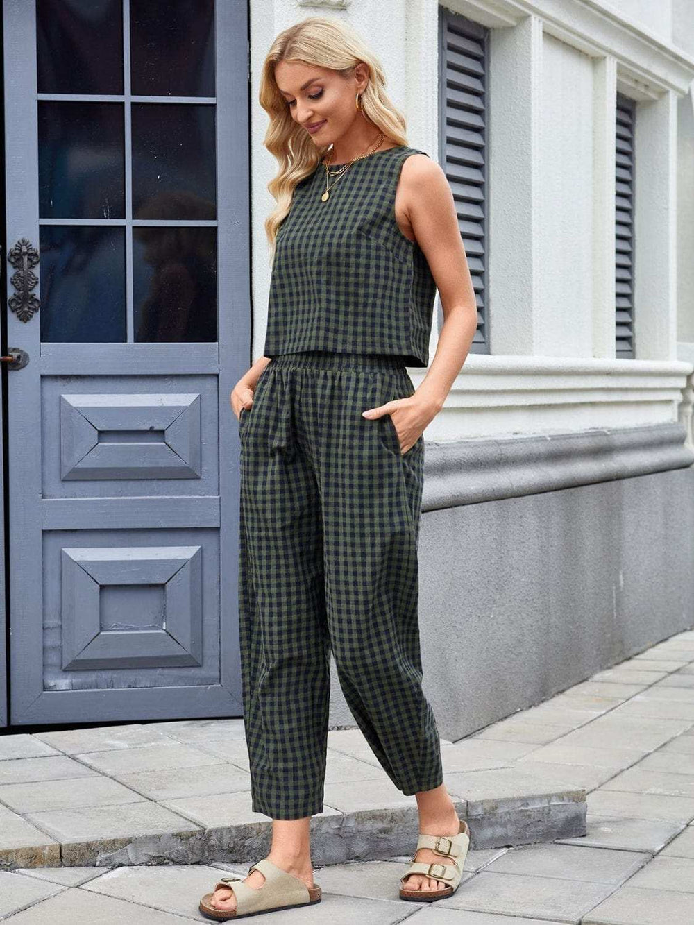Plaid Sleeveless Top and Pants Set - Trendsi - Flyclothing LLC