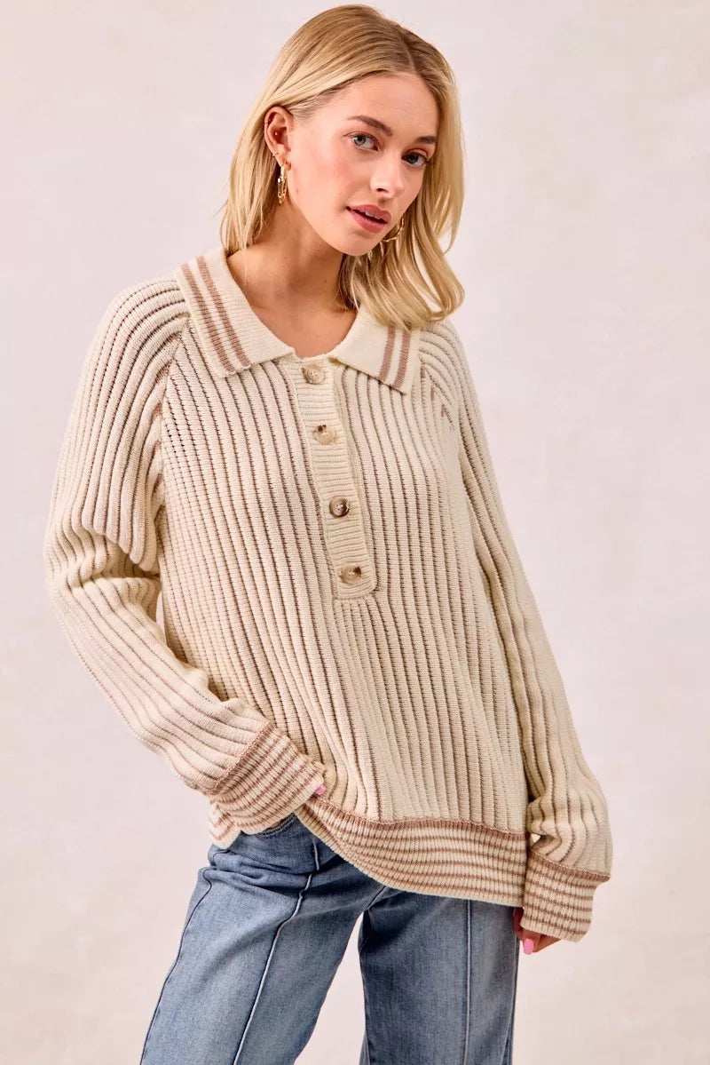 BiBi Half Button Ribbed Two Tone Sweater - Trendsi - Flyclothing LLC