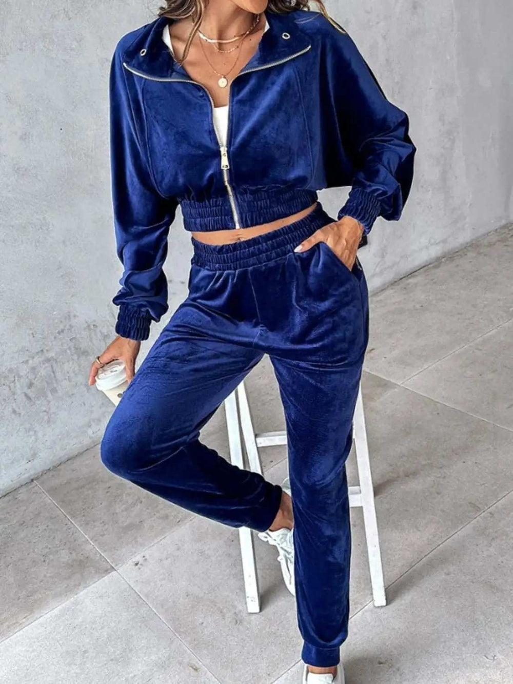 Zip Up Long Sleeve Cropped Top and Joggers Set - Trendsi - Flyclothing LLC