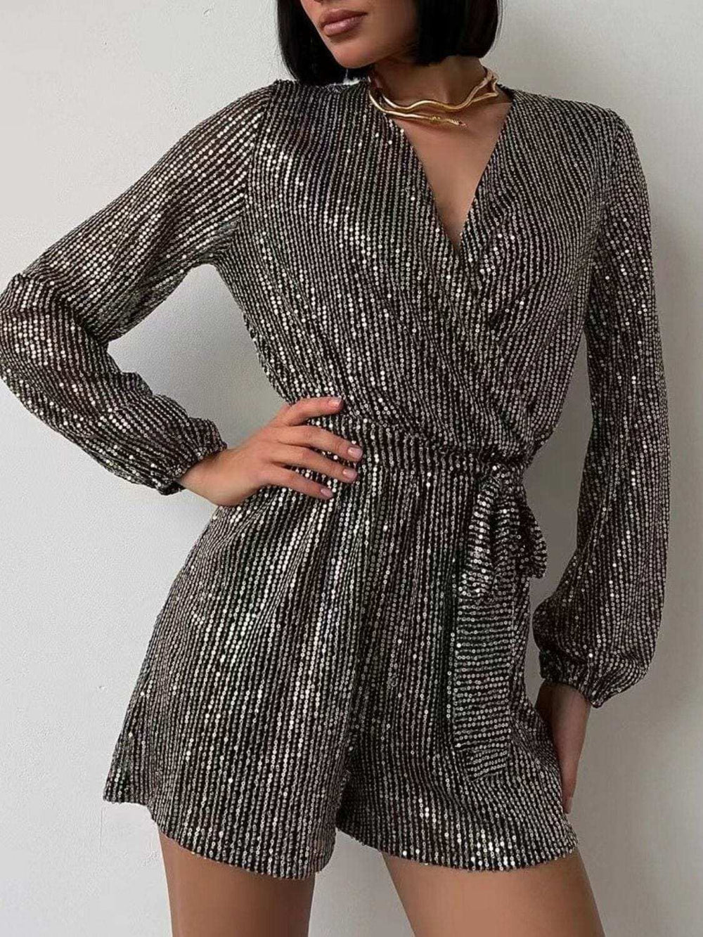 Full Size Sequin Surplice Tie Waist Long Sleeve Romper - Trendsi - Flyclothing LLC