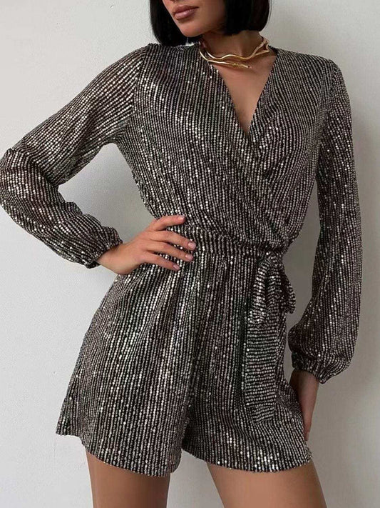 Full Size Sequin Surplice Tie Waist Long Sleeve Romper - Trendsi - Flyclothing LLC