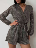 Full Size Sequin Surplice Tie Waist Long Sleeve Romper - Trendsi - Flyclothing LLC