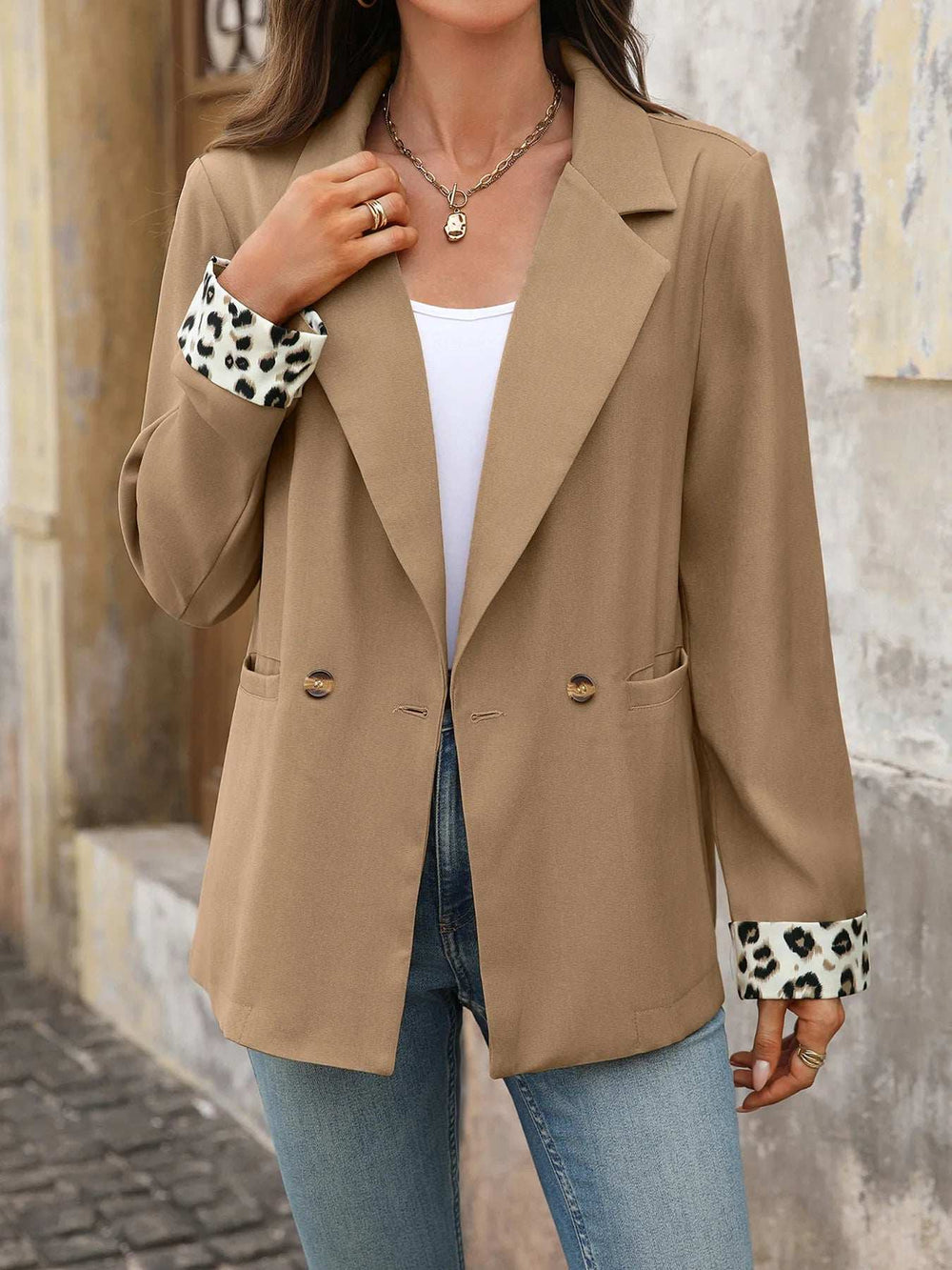 Lapel Collar Leopard Cuff Long Sleeve Blazer - Trendsi - Flyclothing LLC