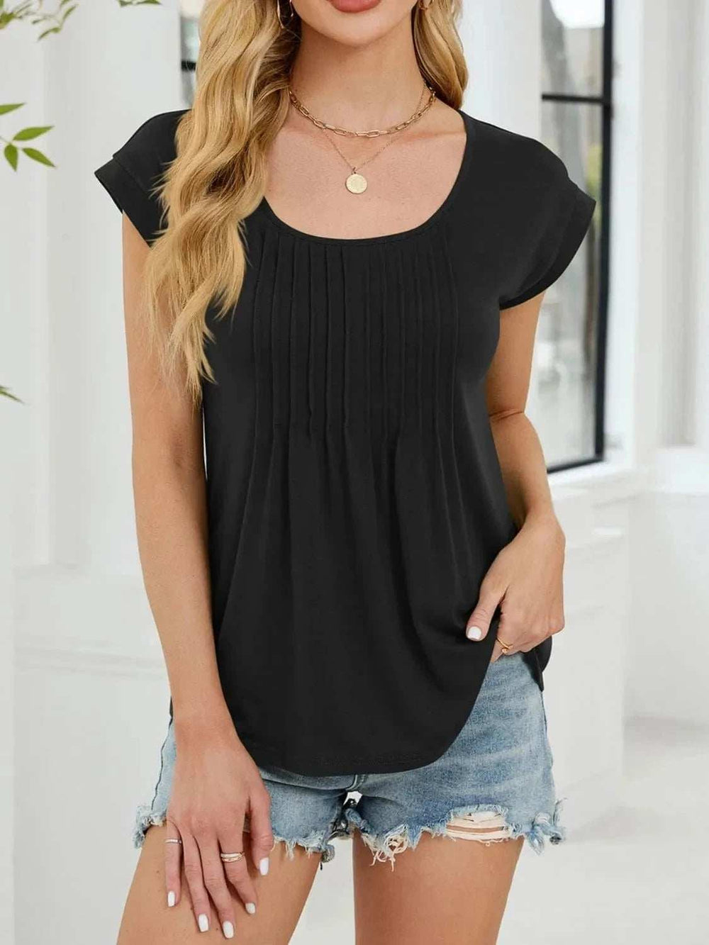 Pleated Front Scoop Neck T-Shirt - Trendsi - Flyclothing LLC