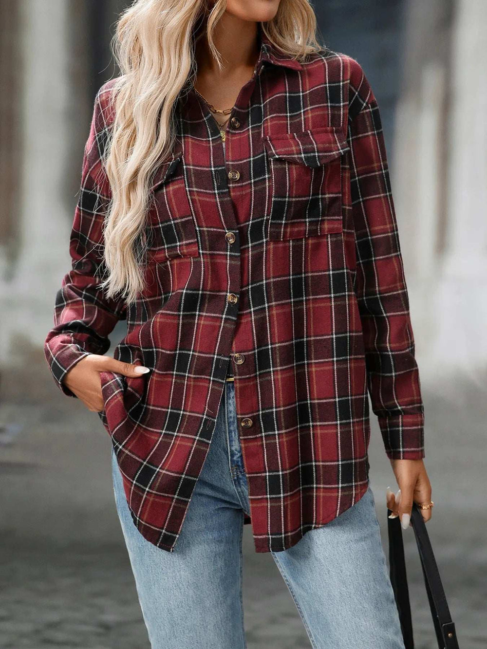 Plaid Button-Down Oversized Shirt - Trendsi - Flyclothing LLC