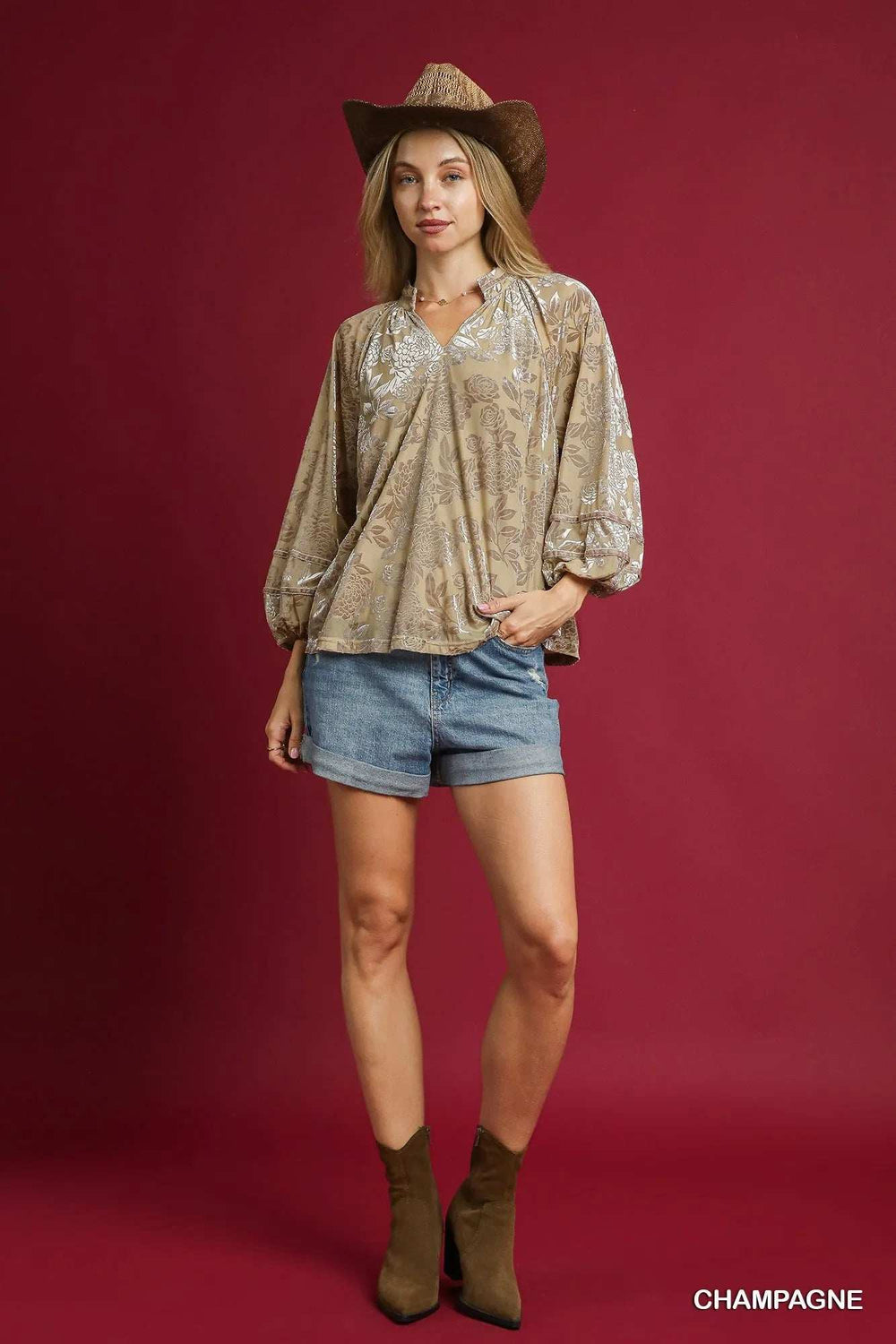 Umgee Floral Velvet Blouse with Balloon Sleeves - Trendsi - Flyclothing LLC