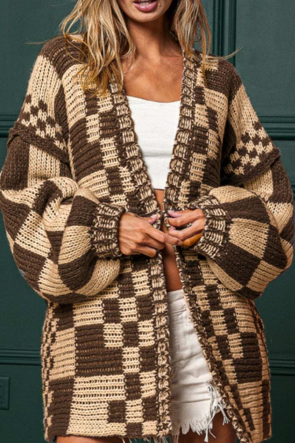 Checkered Open Front Long Sleeve Cardigan - Trendsi - Flyclothing LLC