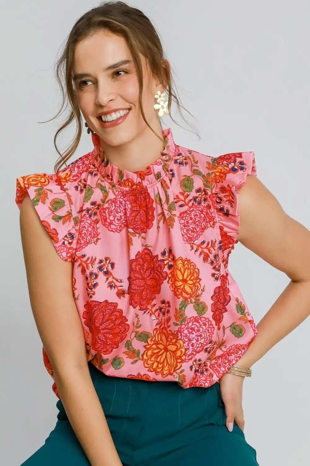 Umgee Full Size Floral Print Ruffled Cap Sleeve Blouse Plus Size - Trendsi - Flyclothing LLC