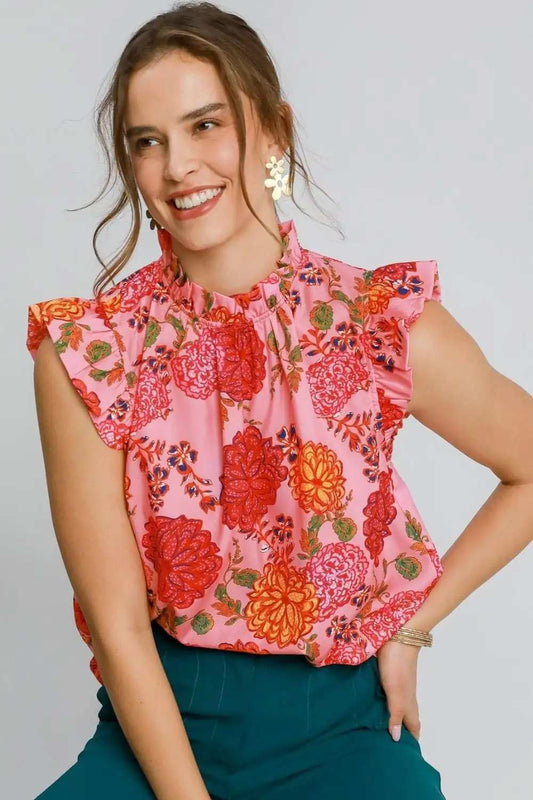 Umgee Full Size Floral Print Ruffled Cap Sleeve Blouse Plus Size - Trendsi - Flyclothing LLC