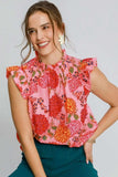 Umgee Full Size Floral Print Ruffled Cap Sleeve Blouse Plus Size - Trendsi - Flyclothing LLC