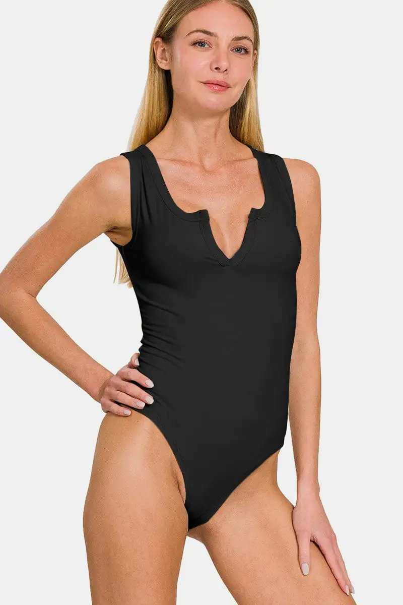 Zenana Microfiber Notched Sleeveless Bodysuit - Trendsi - Flyclothing LLC