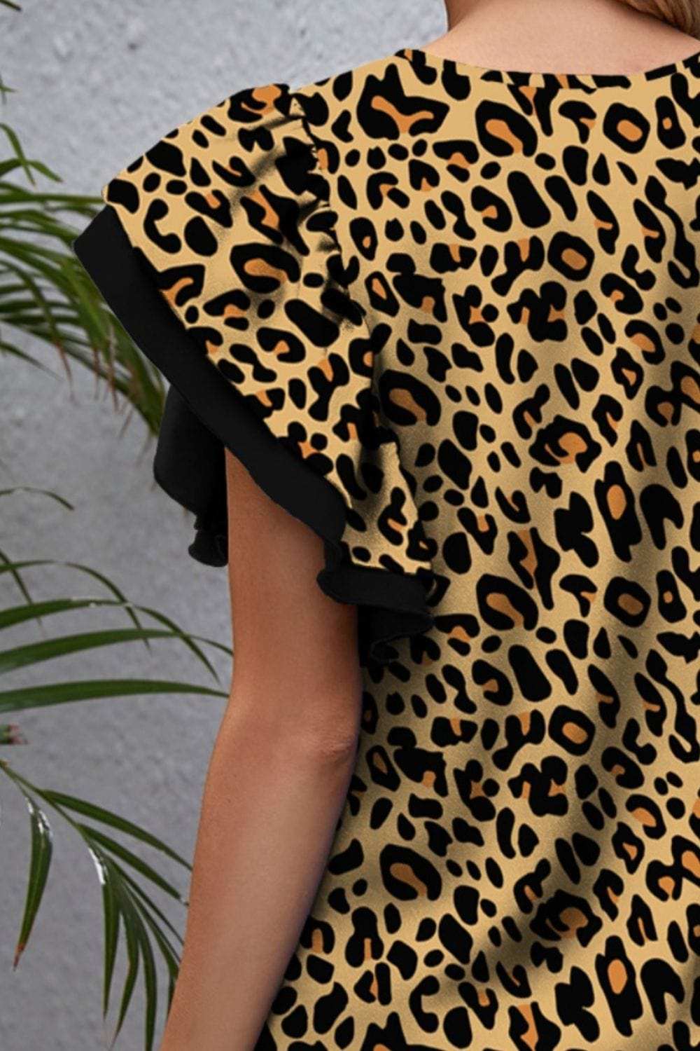 Leopard Round Neck Flounce Sleeve Blouse - Trendsi - Flyclothing LLC
