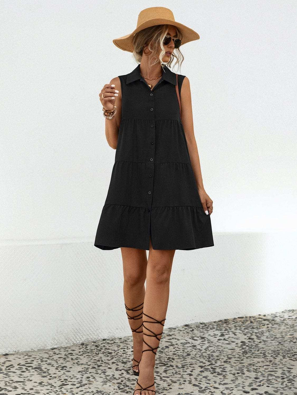 Button Up Sleeveless Mini Dress - Trendsi - Flyclothing LLC