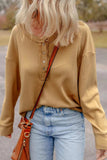 Waffle-Knit Half Button Round Neck Long Sleeve Top - Trendsi - Flyclothing LLC