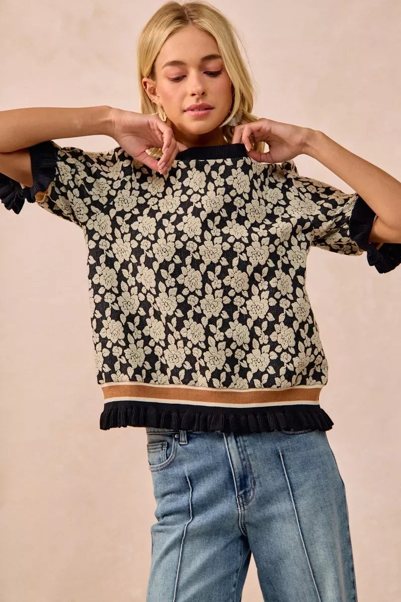 BiBi Textured Rose Knit Top Contrast Banded Puff Sleeve - Trendsi - Flyclothing LLC