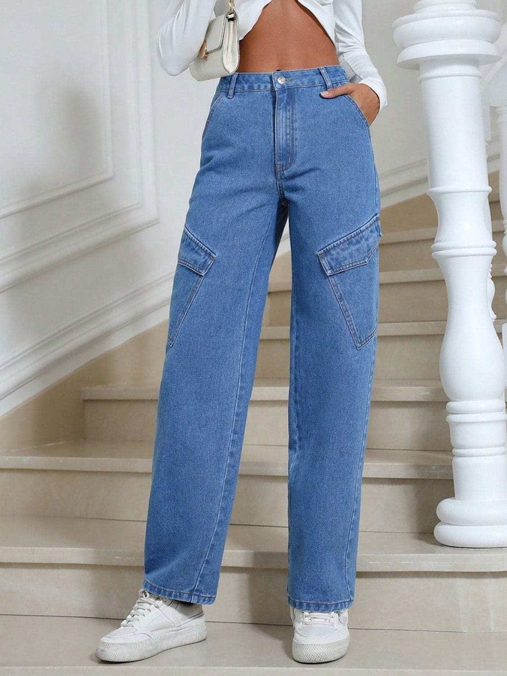 High Waist Straight Leg Jeans with Pockets - Trendsi - Flyclothing LLC