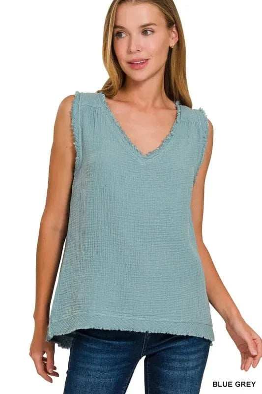 Zenana Double Gauze Raw Edge V-Neck Tank - Trendsi - Flyclothing LLC