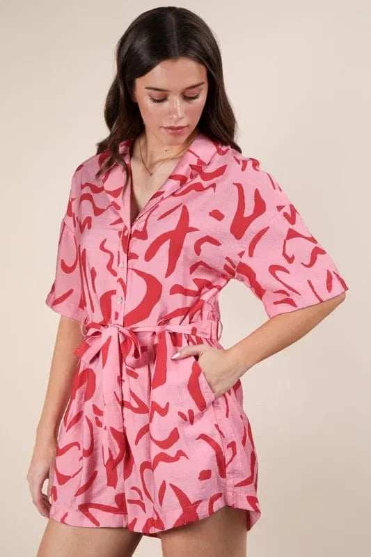 VERY J Oversized Printed Button Down Resort Romper - Trendsi - Flyclothing LLC