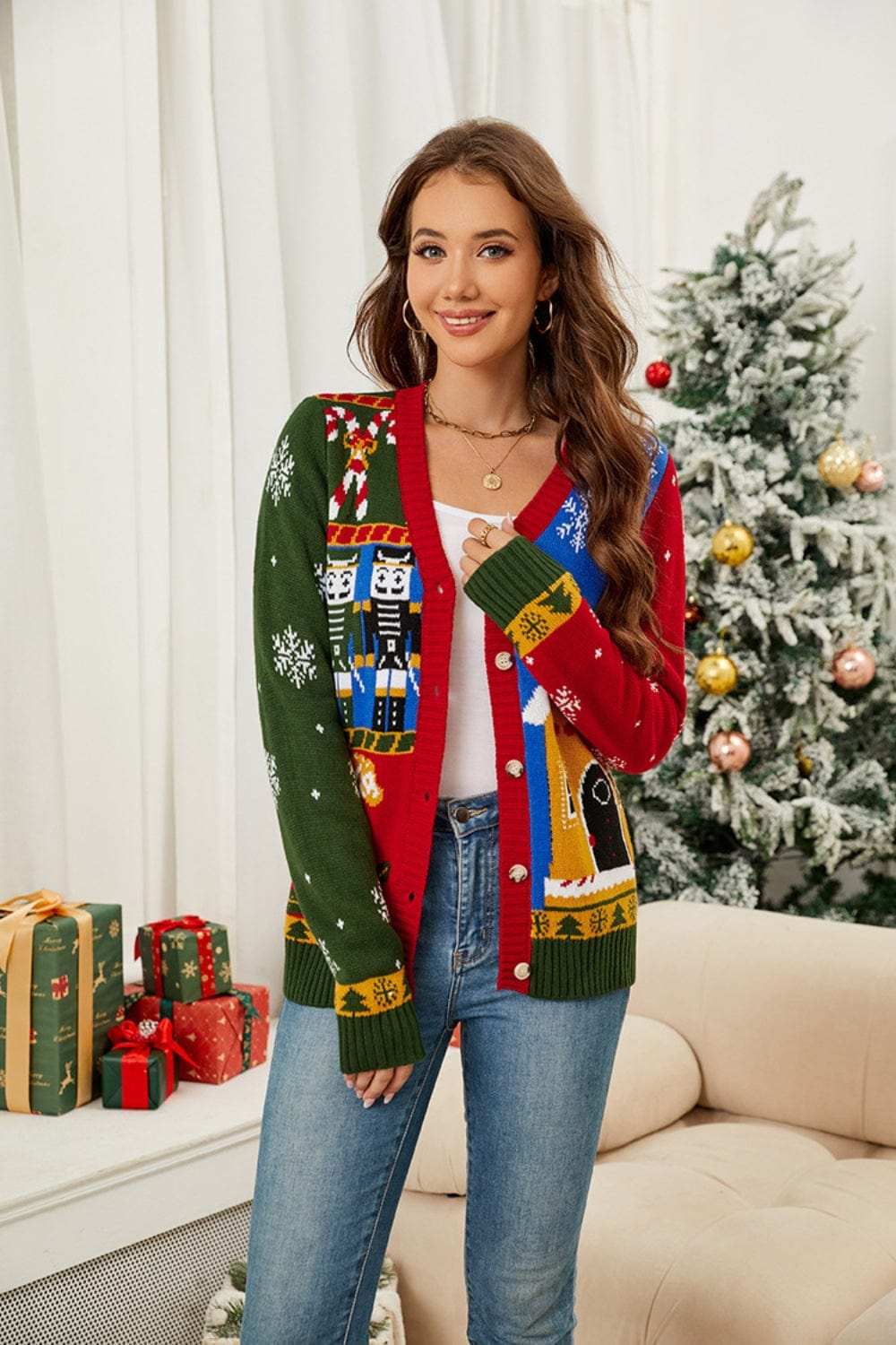 Nutcracker Contrast V-Neck Long Sleeve Cardigan - Trendsi - Flyclothing LLC