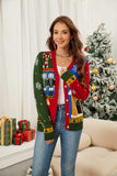 Nutcracker Contrast V-Neck Long Sleeve Cardigan - Trendsi - Flyclothing LLC