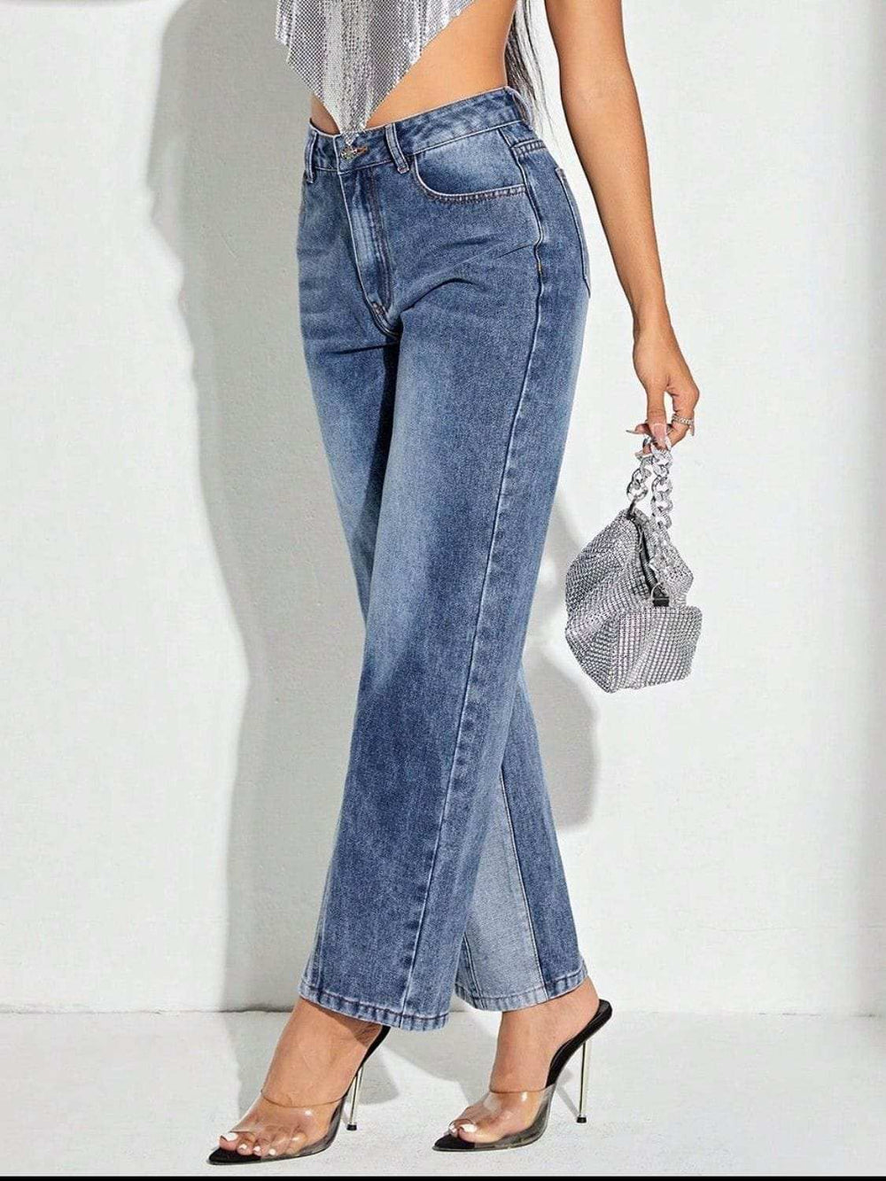 Contrast Patchwork Straight Jeans with Pockets - Trendsi - Flyclothing LLC