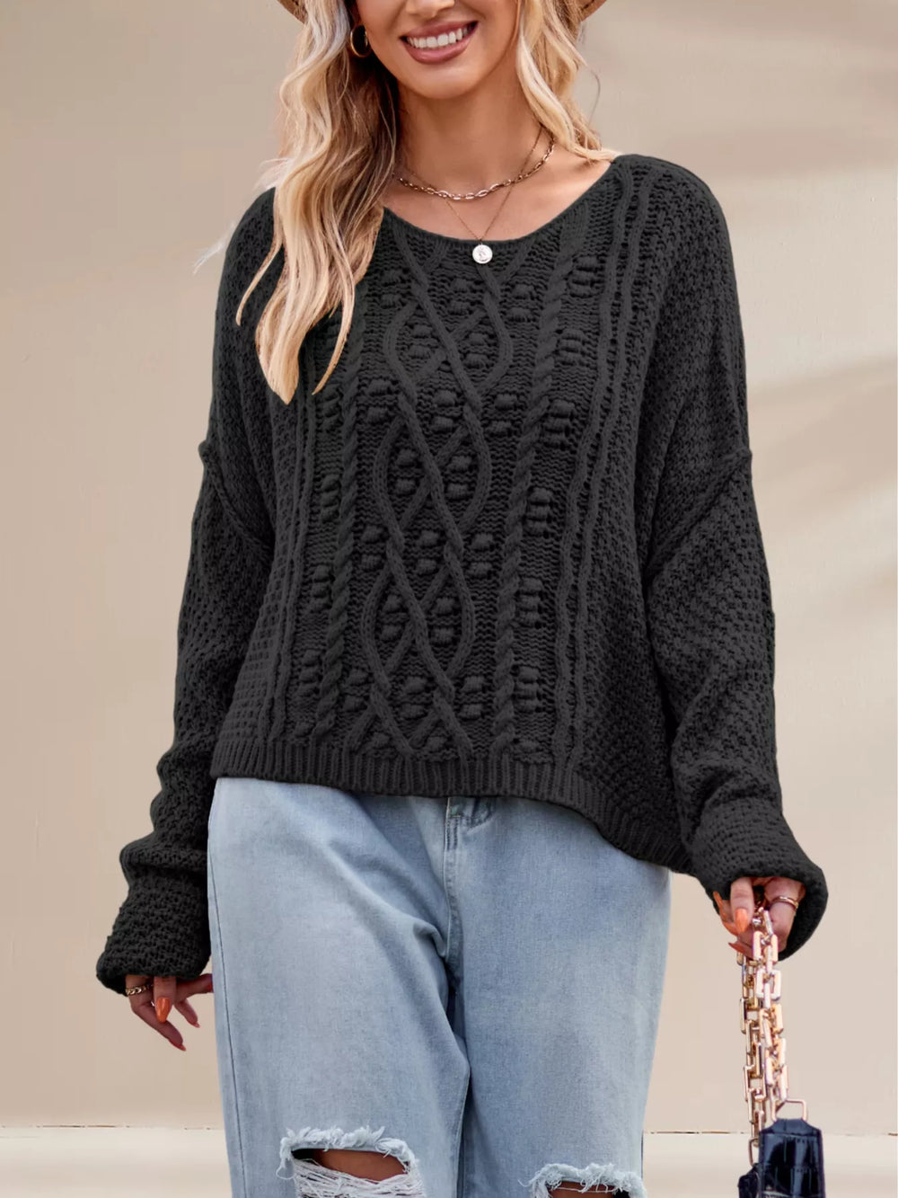 Textured Knit Round Neck Sweater - Trendsi - Flyclothing LLC