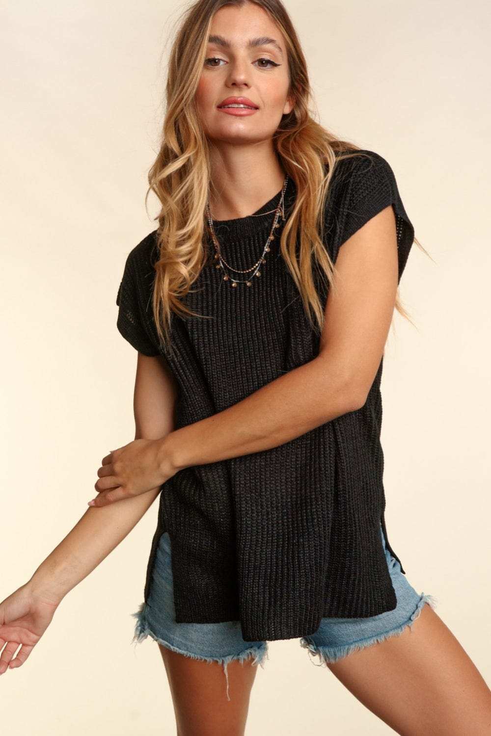 Haptics Pocketed Round Neck Cap Sleeve Knit Top - Trendsi - Flyclothing LLC