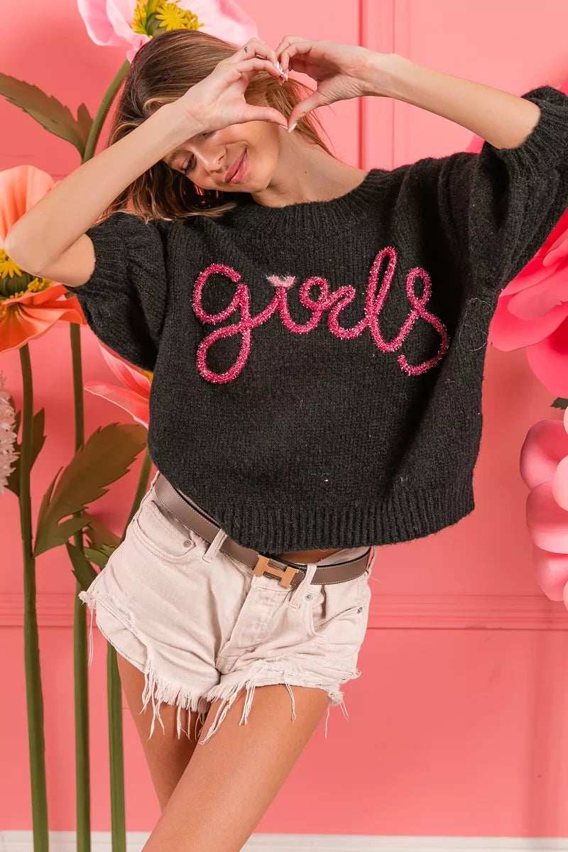 BiBi Metallic Letter Short Puff Sleeve Hairy Sweater - Trendsi - Flyclothing LLC