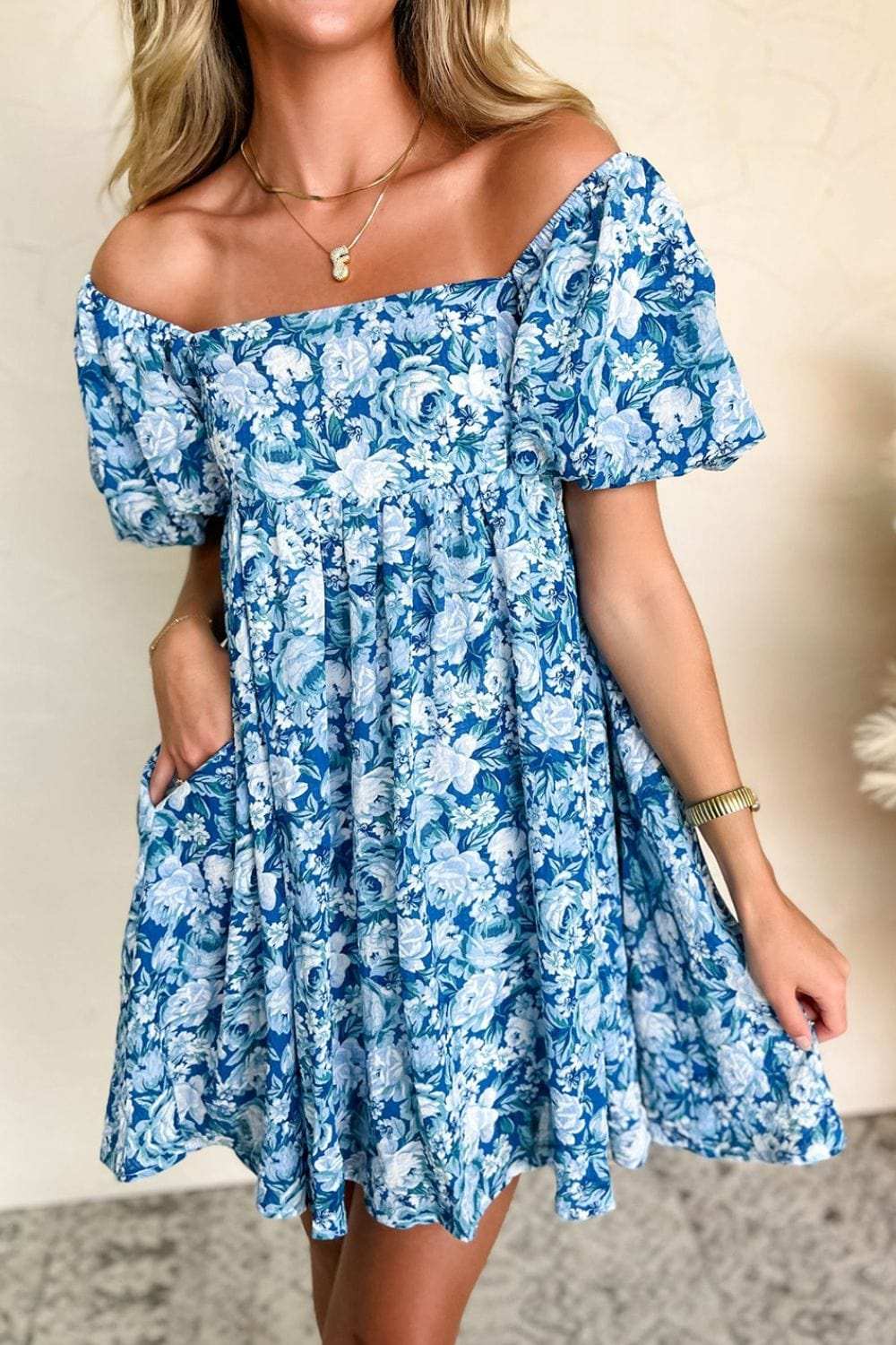 Floral Puff Sleeve Babydoll Mini Dress - Trendsi - Flyclothing LLC