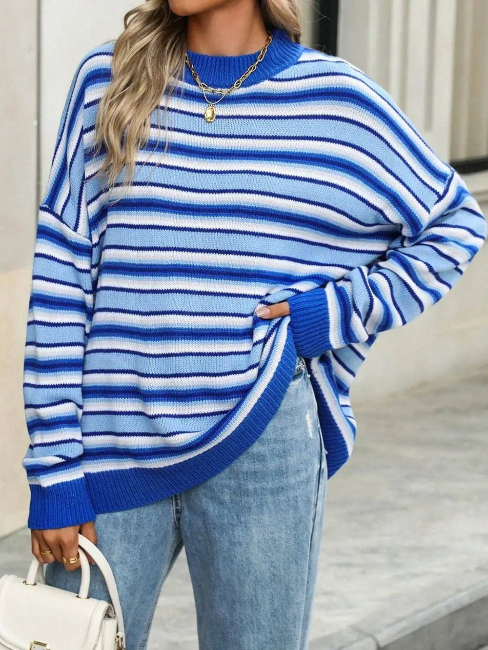 Striped Mock Neck Long Sleeve Sweater - Trendsi - Flyclothing LLC