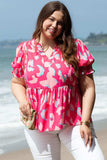 Plus Size Ruffled Printed Notched Short Sleeve Blouse - Trendsi - Flyclothing LLC