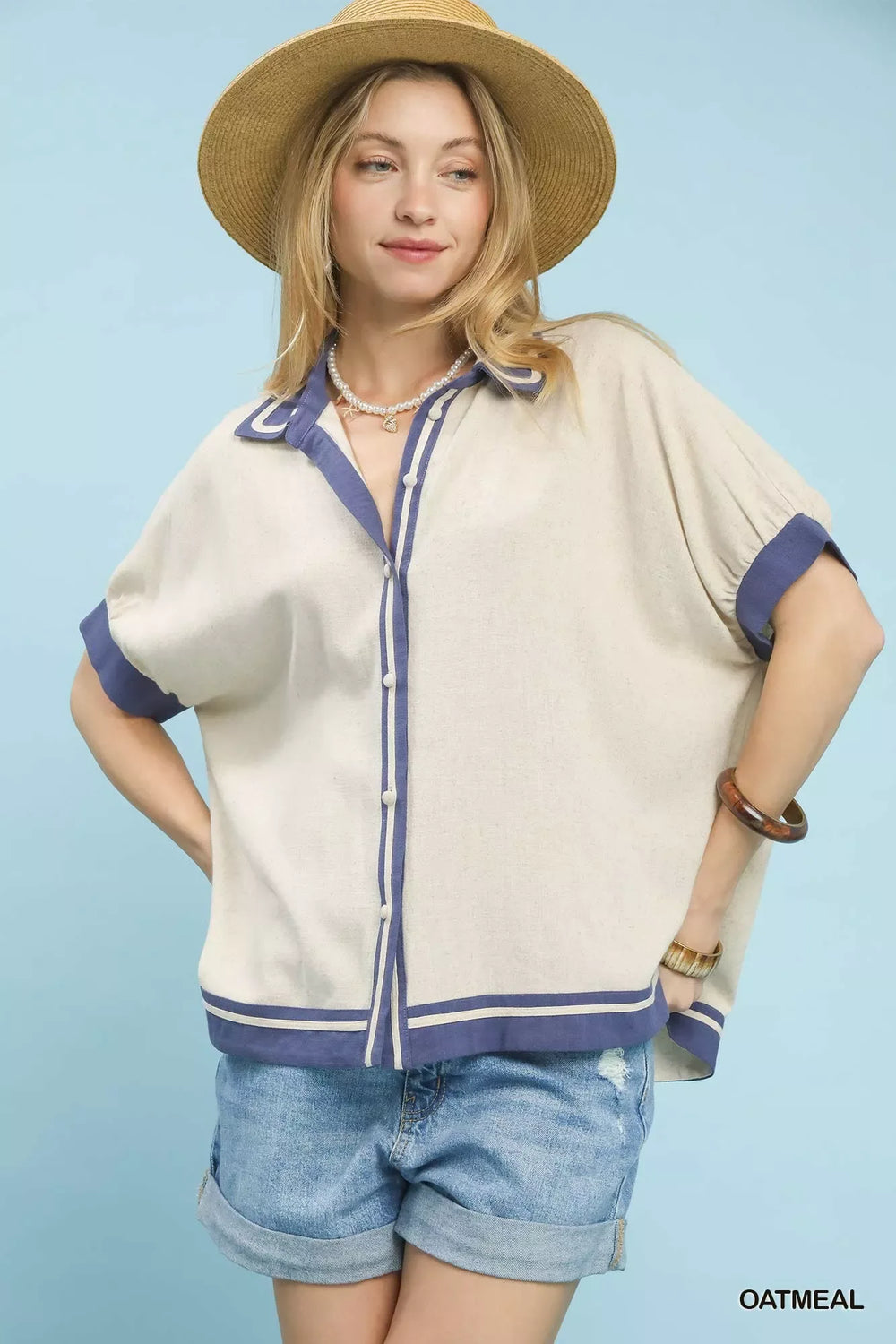 Umgee Linen Button Front Top with Contrast Piping - Trendsi - Flyclothing LLC