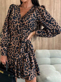 Tied Leopard Surplice Long Sleeve Dress - Trendsi - Flyclothing LLC