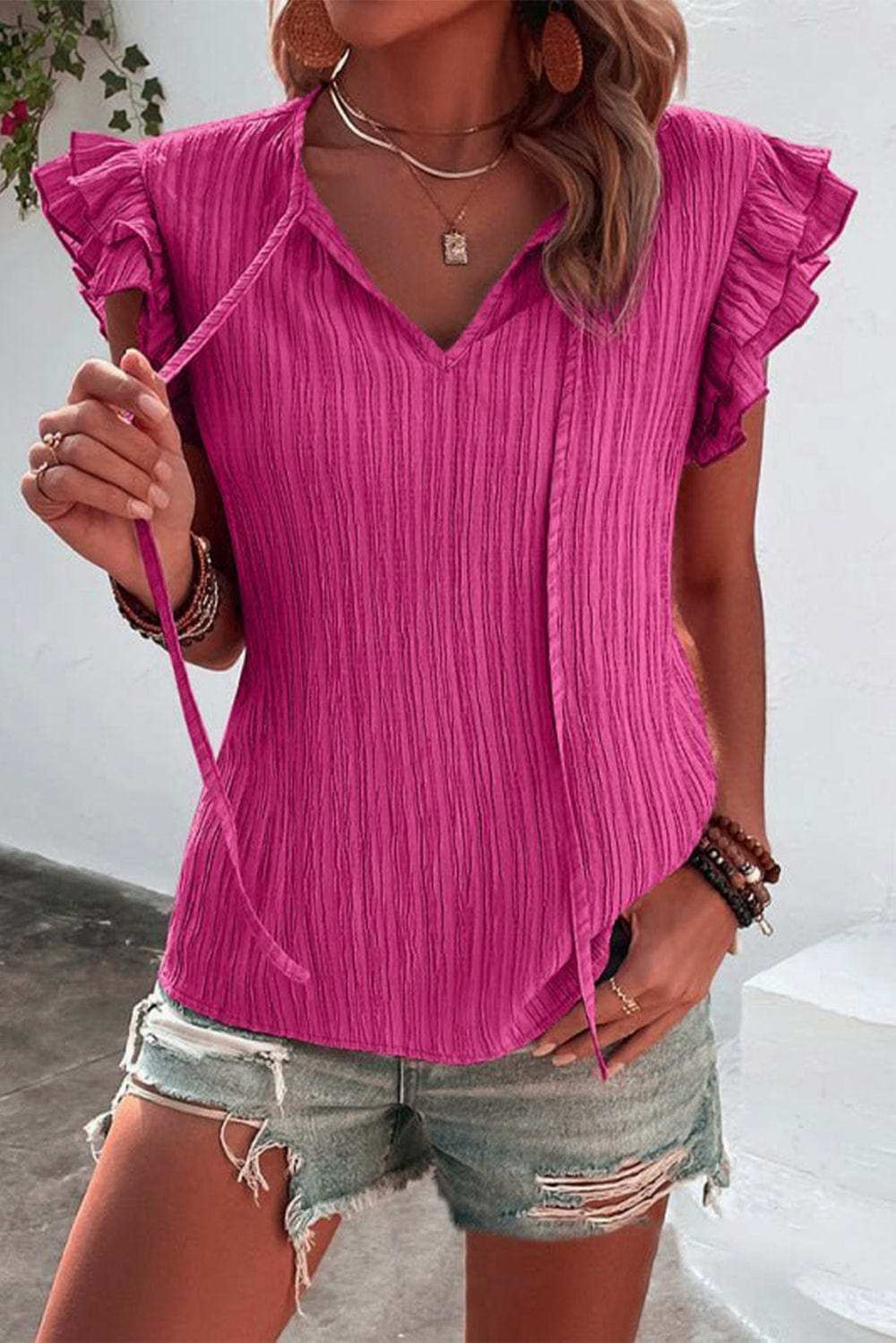 Ruffled Tie Neck Cap Sleeve Blouse - Trendsi - Flyclothing LLC
