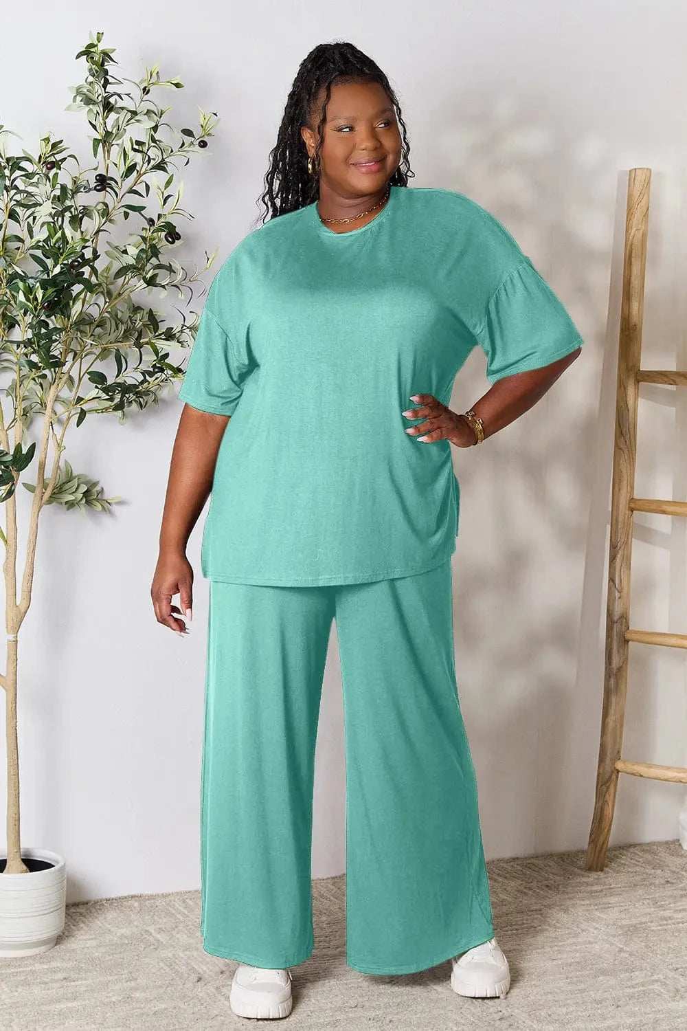 Double Take Full Size Round Neck Slit Top and Pants Set - Trendsi - Flyclothing LLC