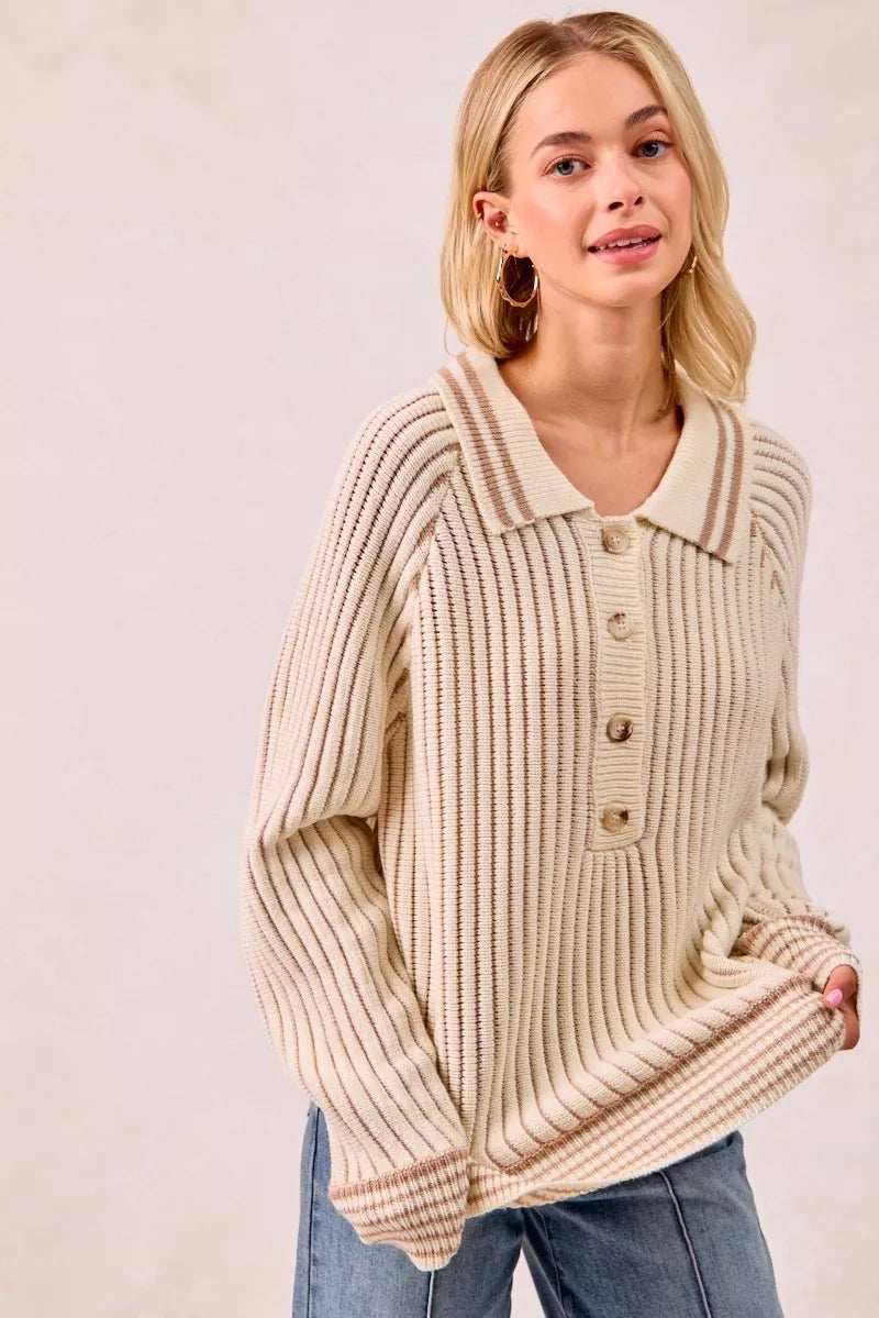 BiBi Half Button Ribbed Two Tone Sweater - Trendsi - Flyclothing LLC