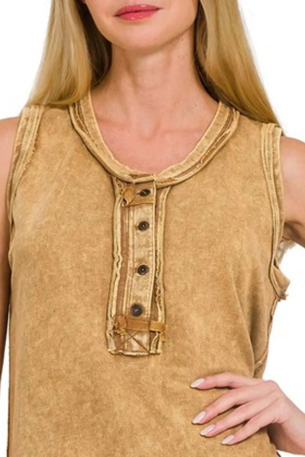 Zenana Washed Half-button Raw Edge Sleeveless Henley Top - Trendsi - Flyclothing LLC
