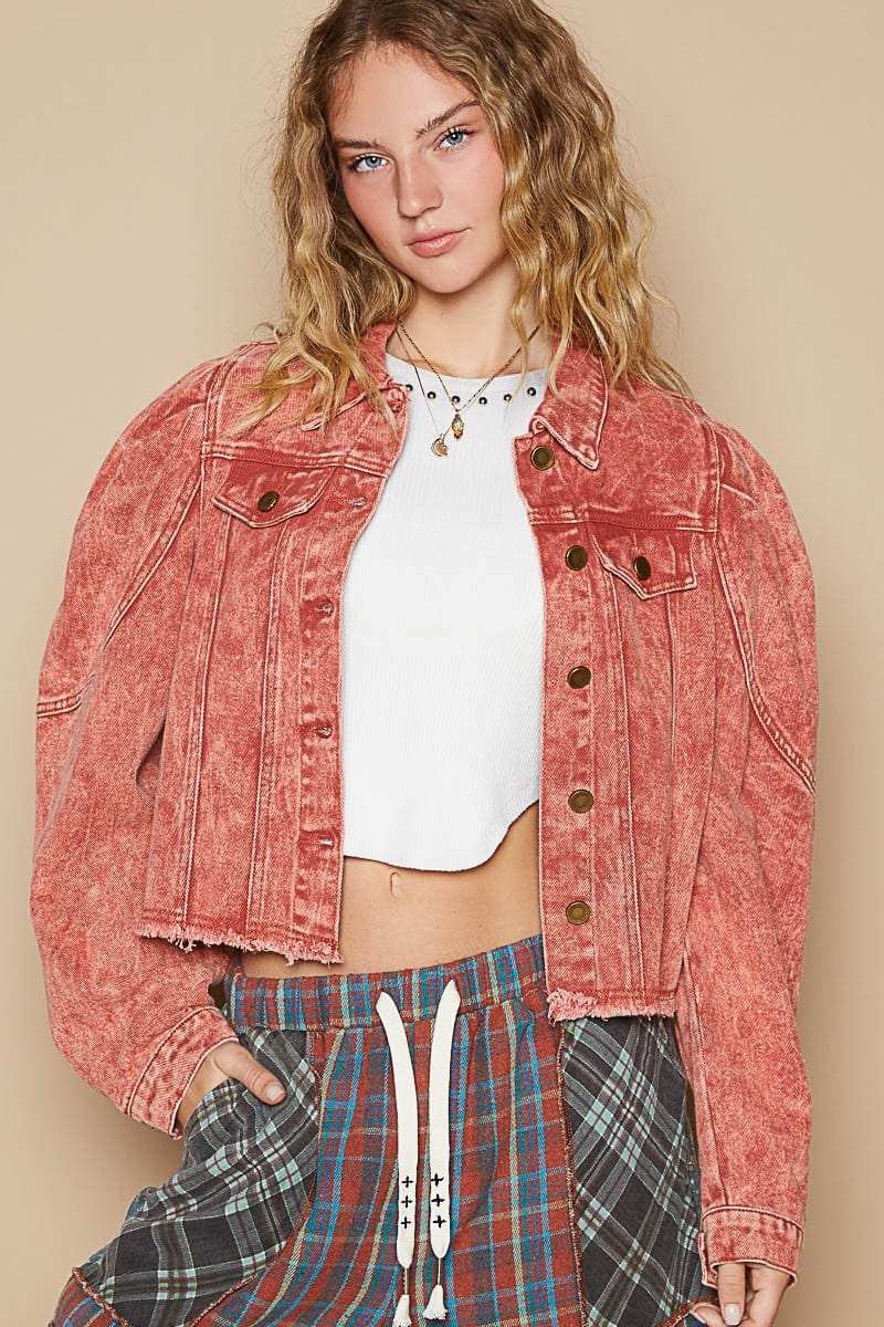 POL Raw Hem Button Up Cropped Denim Jacket - Trendsi - Flyclothing LLC