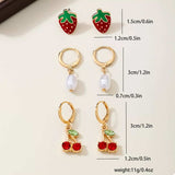 3 Piece 18K Gold-Plated Strawberry Cherry and Pearl Earrings - Trendsi - Flyclothing LLC
