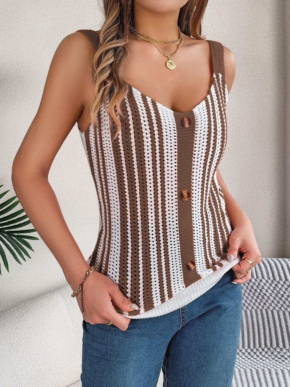 Openwork Striped V-Neck Tank - Trendsi - Flyclothing LLC
